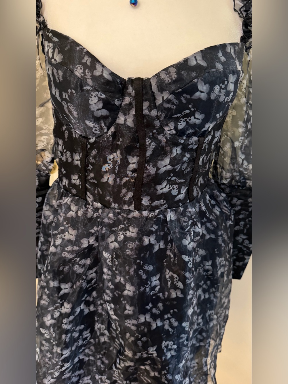 Sheer Puff-lantern Sleeve butterfly print Midi Dress by Missord - Picture 10 of 13